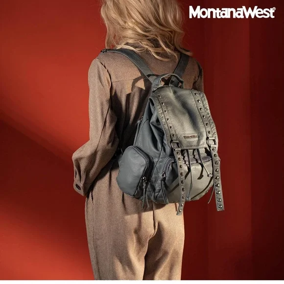 Montana West Gray Edgy Backpack with Metal Studs - Picture 2 of 7